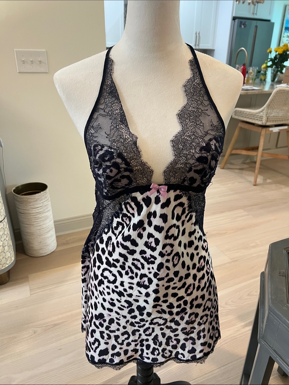 Victoria's Secret Black & White Leopard Lace-Trim Chemise
